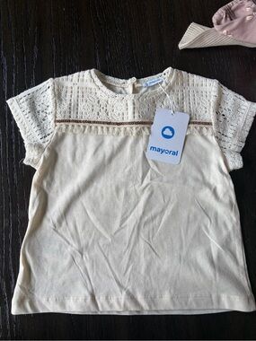 Mayoral Cream Crochet-Trim Short Sleeve Top